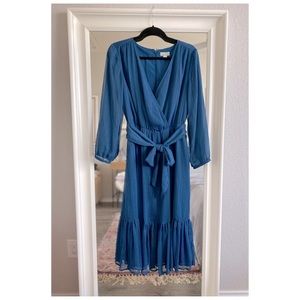 J.Crew/Point Sur, Sz. 8, blue faux-wrap midi dress with tie belt & flounce hem.